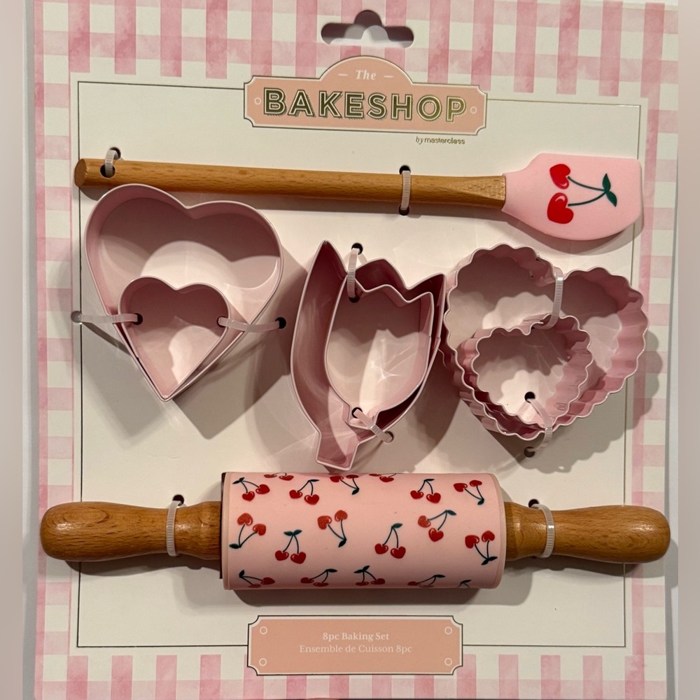 Bakeshop 8 Pc Cherry Print Baking Set-Cookie Cutters Spatula & Mini Rolling Pin